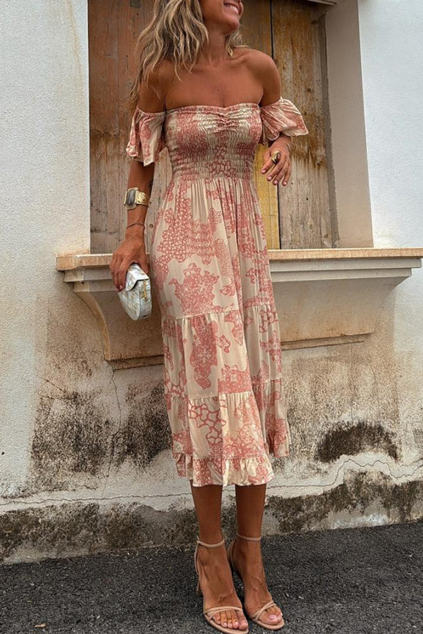 Abito Midi con Spalle Scoperte e Stampa Romantica – Pitaya