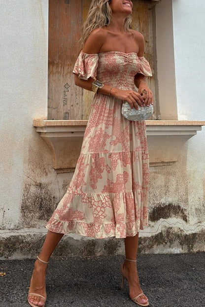 Abito Midi con Spalle Scoperte e Stampa Romantica – Pitaya